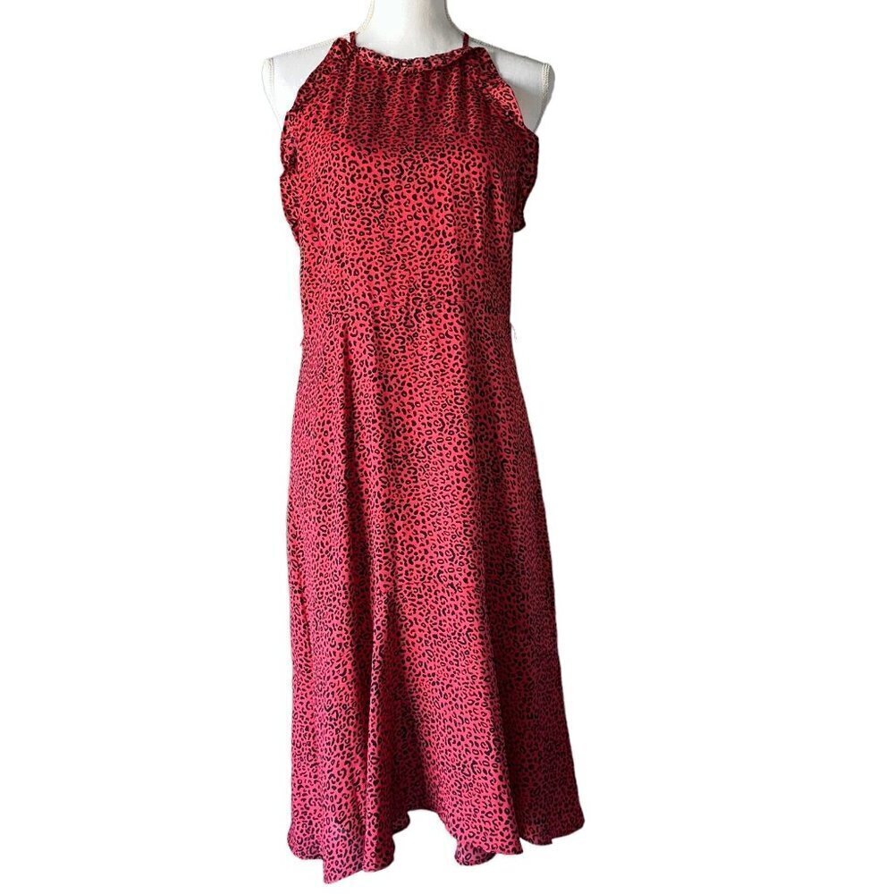 Who What Wear Red Black Leopard Cheetah Animal Print Ruffle Trim Halter Dress M